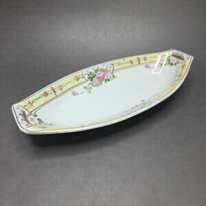 Nippon Hand Painted Celery Dish Pink Floral Porcelain 11in Chintz